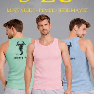 Erkek Spor Fitilli Atlet 3'lü Set Mint Yeşili Pembe Bebek Mavisi Slim Fit Kaşkorse Arka