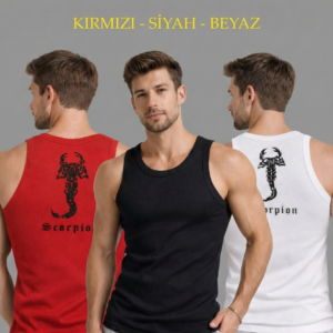Erkek Spor Fitilli Atlet 3'lü Set Kırmızı, Siyah ve Beyaz Slim Fit Kaşkorse Arka Baskılı Spor Atlet