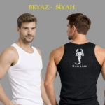 Erkek Spor Fitilli Atlet 2'li Set Siyah ve Beyaz Slim Fit Kaşkorse Arka Baskılı Spor Atlet