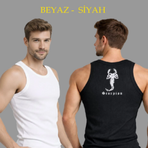 Erkek Spor Fitilli Atlet 2'li Set Siyah ve Beyaz Slim Fit Kaşkorse Arka Baskılı Spor Atlet