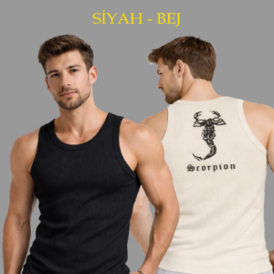 Erkek Spor Fitilli Atlet 2'li Set Siyah ve Bej Slim Fit Kaşkorse Arka Baskılı Spor Atlet