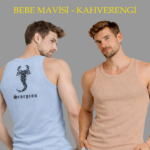 Erkek Spor Fitilli Atlet 2'li Set Kahverengi Bebek Mavisi Slim Fit Kaşkorse Arka Baskılı