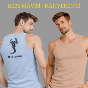 Erkek Spor Fitilli Atlet 2'li Set Kahverengi Bebek Mavisi Slim Fit Kaşkorse Arka Baskılı