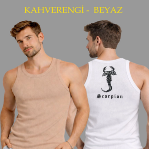Erkek Spor Fitilli Atlet 2'li Set Kahverengi ve Beyaz Slim Fit Kaşkorse Arka Baskılı Spor Atlet