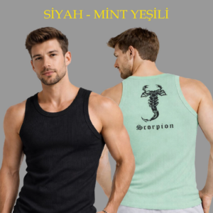 Erkek Spor Fitilli Atlet 2'li Set Siyah ve Mint Yeşili Slim Fit Kaşkorse Arka Baskılı Spor Atlet