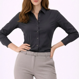 Kadın Uzun Kollu Gömlek Düğmeli Klasik Yaka Günlük ve Ofis Şıklığına uygun - Füme
