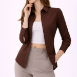 Kadın Uzun Kollu Gömlek Düğmeli Klasik Yaka Günlük ve Ofis Şıklığına uygun - Kahverengi