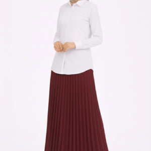 Tesettür Beyaz Gömlekli Pliseli Etek İkili Takım Gündelik ve Ofis Şıklığı - Bordo