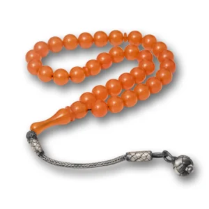 Gümüş Top Kazaz Püsküllü Turuncu Sıkma Kehribar Tesbih