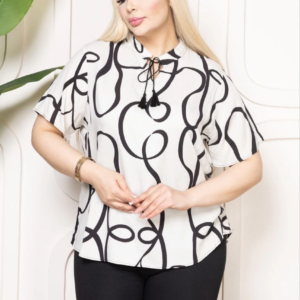 Kadın Desenli Püsküllü Viskon Bluz Bebe Yaka Kısa Kollu Big Size Kesim - Desenli