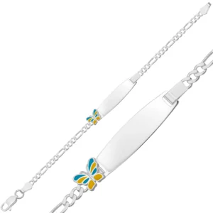 Kişiye Özel Sarı Mavi Kelebek Figürlü Gümüş Çocuk Künyesi