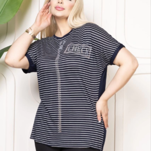 Kadın Büyük Beden Çizgili Taş Detaylı Kısa Kollu Likralı Viskon Tişört - Lacivert