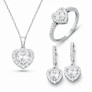Gümüş Beyaz Taşlı Kalpli Kadın Set