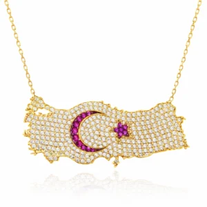 Gümüş Gold Ay Yıldız Türkiye Haritası Kadın Kolye