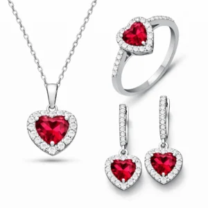 Gümüş Kırmızı Taşlı Kalpli Kadın Set