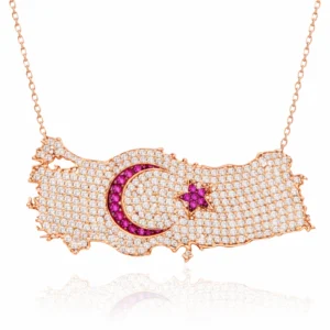 Gümüş Rose Ay Yıldız Türkiye Haritası Kadın Kolye