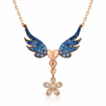 Gümüş Rose Çiçekli Kanatlı Kalpli Kolye