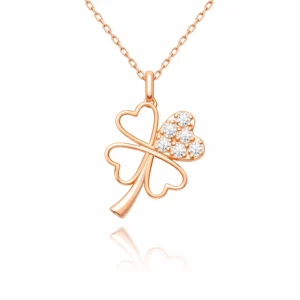Gümüş Rose Kalpli Dört Yapraklı Yonca Kadın Kolye