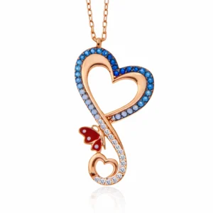 Gümüş Rose Kalpli Kelebek Kadın Kolye