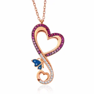 Gümüş Rose Kalpli Kelebek Kadın Kolye