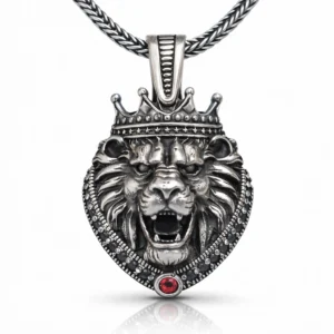 Gümüş Taçlı Aslan Figürlü Erkek Kolye