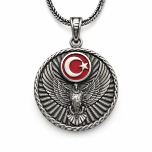 Gümüş Türk Kartalı ve Ay Yıldız Motifli Erkek Kolye