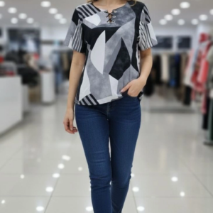 Kadın Desenli Püsküllü Viskon Bluz Bebe Yaka Kısa Kollu Big Size Kesim - Desenli