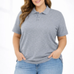 Kadın Pike Kumaş Düğmeli Yaka Battal Büyük Beden Günlük Kısa kol Tişört T-shirt - Gri