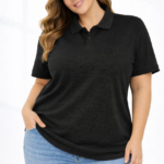 Kadın Pike Kumaş Düğmeli Yaka Battal Büyük Beden Günlük Kısa kol Tişört T-shirt - Siyah