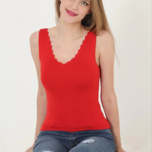 Kadın V Yaka Fırfır Detay Crop - Kırmızı