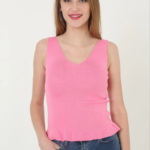 Kadın V Yaka Fırfır Detay Crop - Pembe