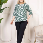 Kadın Desenli Püsküllü Viskon Bluz Bebe Yaka Kısa Kollu Big Size Rahat Kesim - Desenli