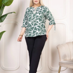 Kadın Desenli Püsküllü Viskon Bluz Bebe Yaka Kısa Kollu Big Size Rahat Kesim - Desenli