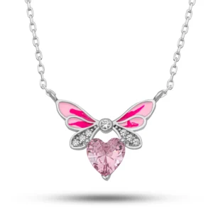 Gümüş Pembe Kalp Peri Kanatlı Kolye