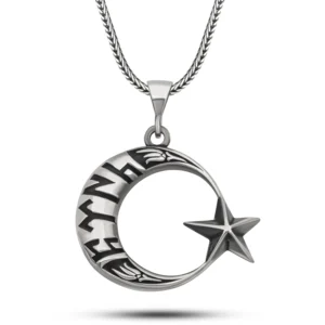 Gümüş Göktürkçe Yazılı Ay Yıldız Erkek Kolye