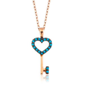 Gümüş Mavi Kalpli Anahtar Bayan Kolye