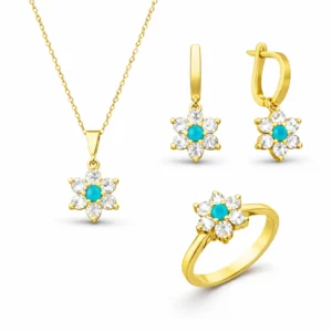 Gümüş Mavi Taşlı Gold Çiçek Kadın Set