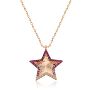 Gümüş Rose Pembe Fırfır Desenli Yıldız Bayan Kolye
