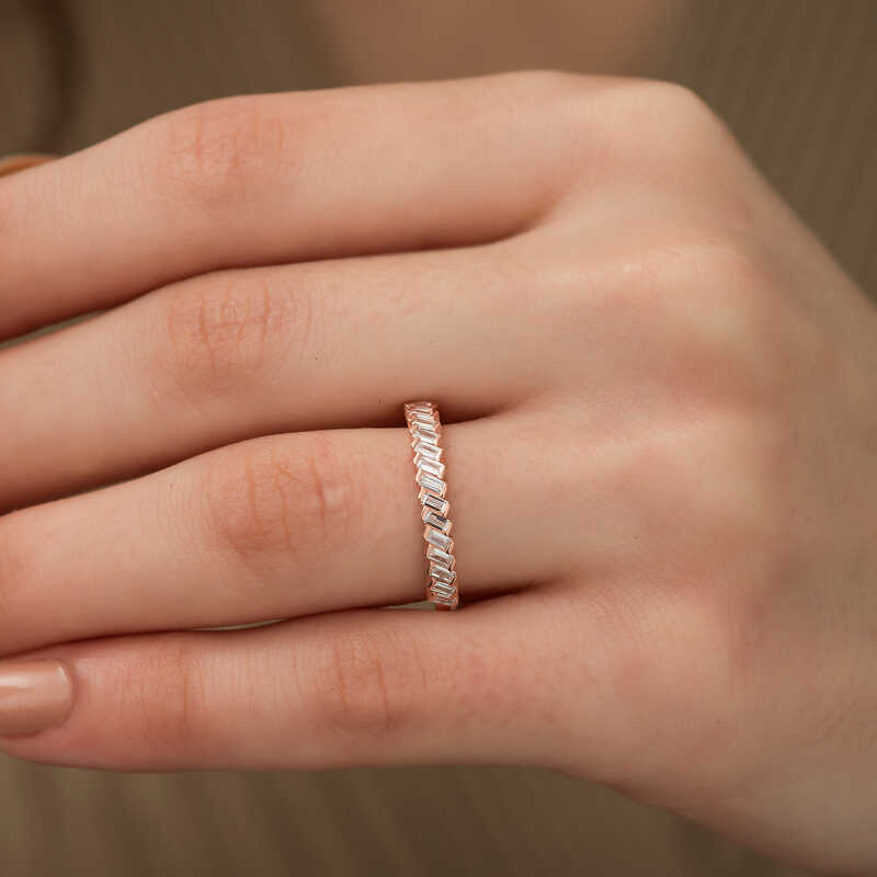 Gümüş Rose Sıralı Baget Taşlı Bayan Yüzük - Görsel 2