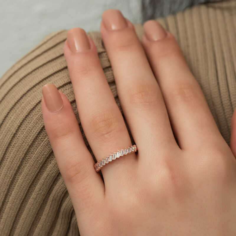 Gümüş Rose Sıralı Baget Taşlı Bayan Yüzük - Görsel 4