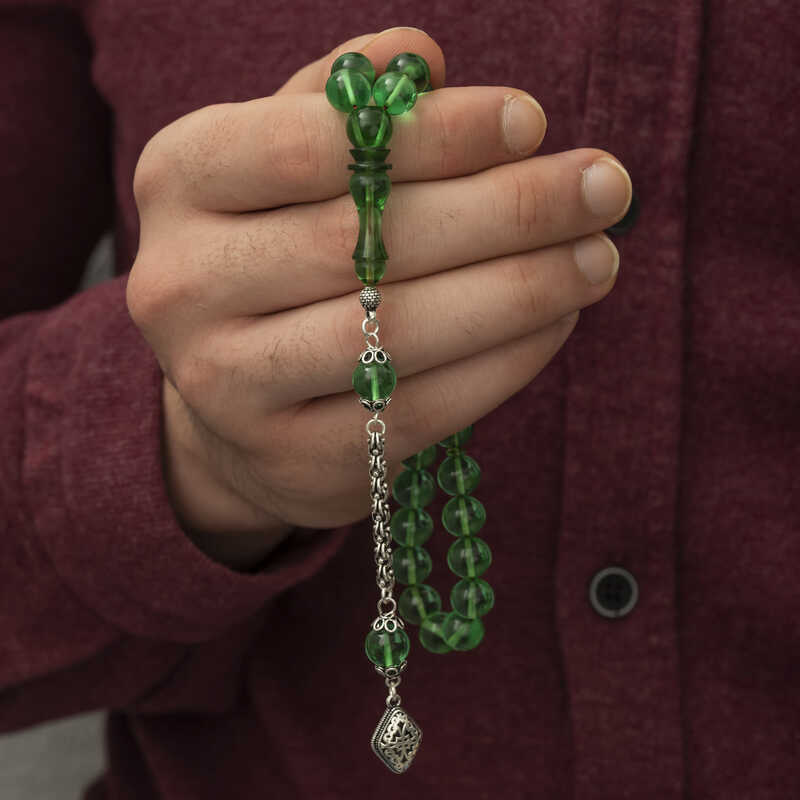 Gümüş Püskül Yeşil Küre Ateş Kehribar Tesbih - Görsel 2