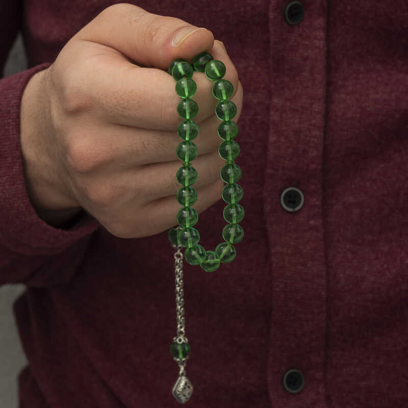 Gümüş Püskül Yeşil Küre Ateş Kehribar Tesbih - Görsel 3