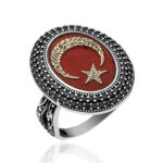 Gümüş Göktürkçe alfabesi Yazılı Ay Yıldız Bayan Yüzük