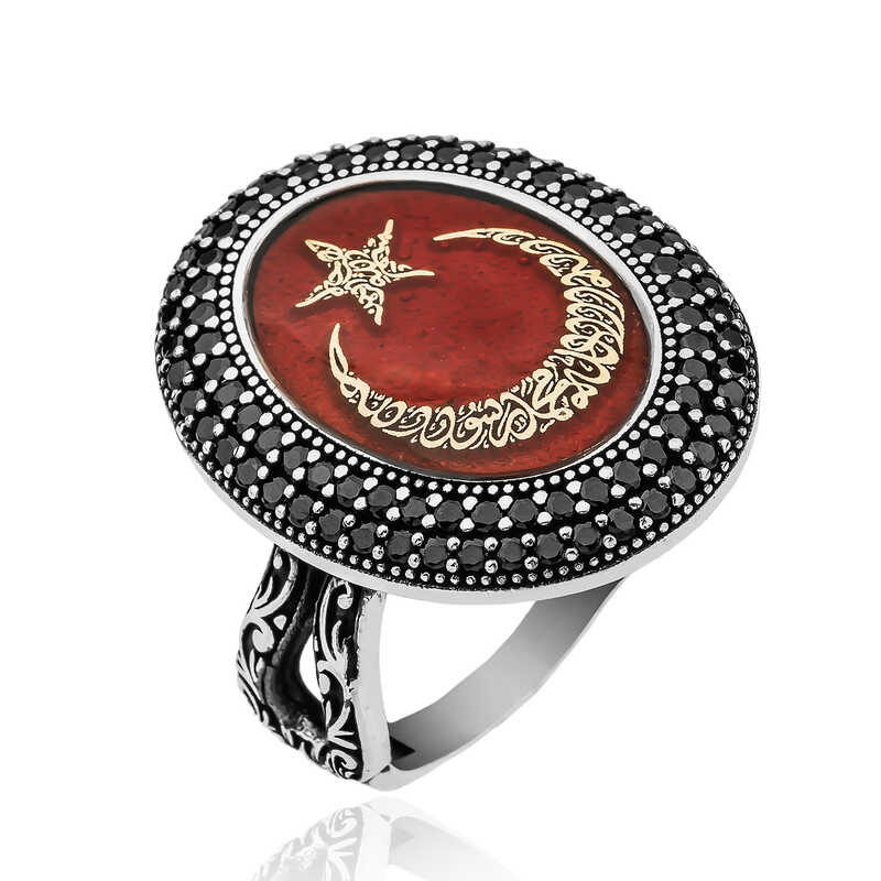 Gümüş Göktürkçe alfabesi Yazılı Ay Yıldız Bayan Yüzük - Görsel 2