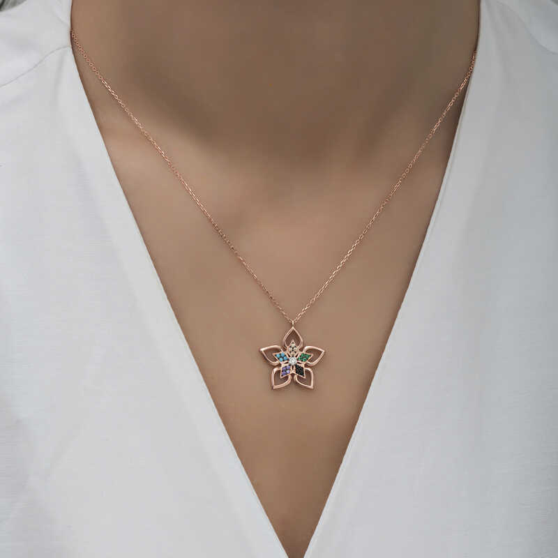 Gümüş Rose Renkli Taşlı Çiçek Kadın Kolye - Görsel 2