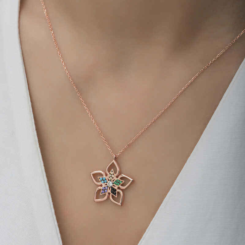 Gümüş Rose Renkli Taşlı Çiçek Kadın Kolye - Görsel 4