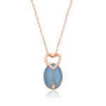​Gümüş Rose Mavi Kedi Gözü Taşlı Kalp Kolye