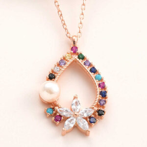 Gümüş Rose Renkli Taşlı Çiçekli Kadın Kolye