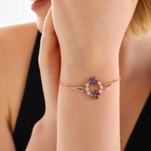 Gümüş Rose Mor Çiçek Kadın Bileklik