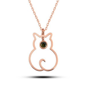 Gümüş Ağustos Ayı Doğum Taşı Kedi Kadın Kolye